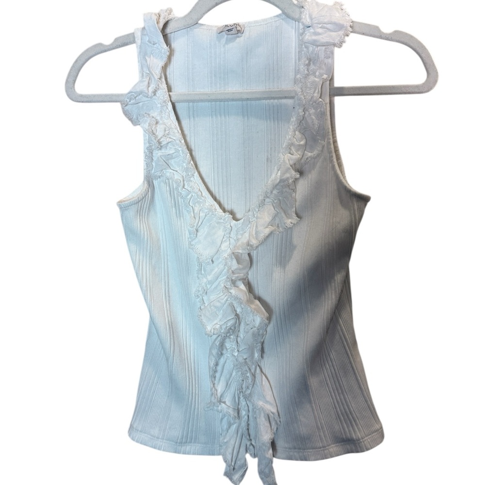 Pilcro White Cotton Blend V Neck Ruffled Ribbed Tank Top sz S